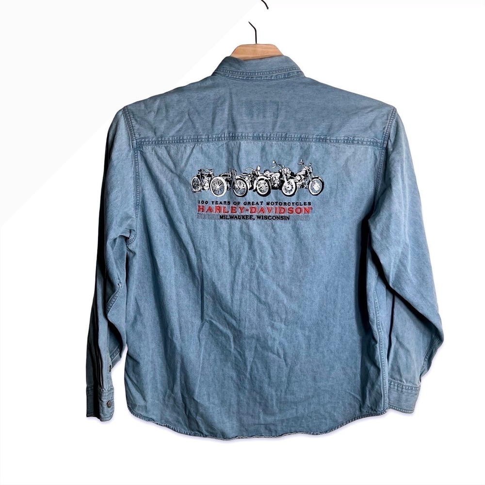 Harley-Davidson 100th Anniversary Denim Shirt Mens XL Blue Long Sleeve